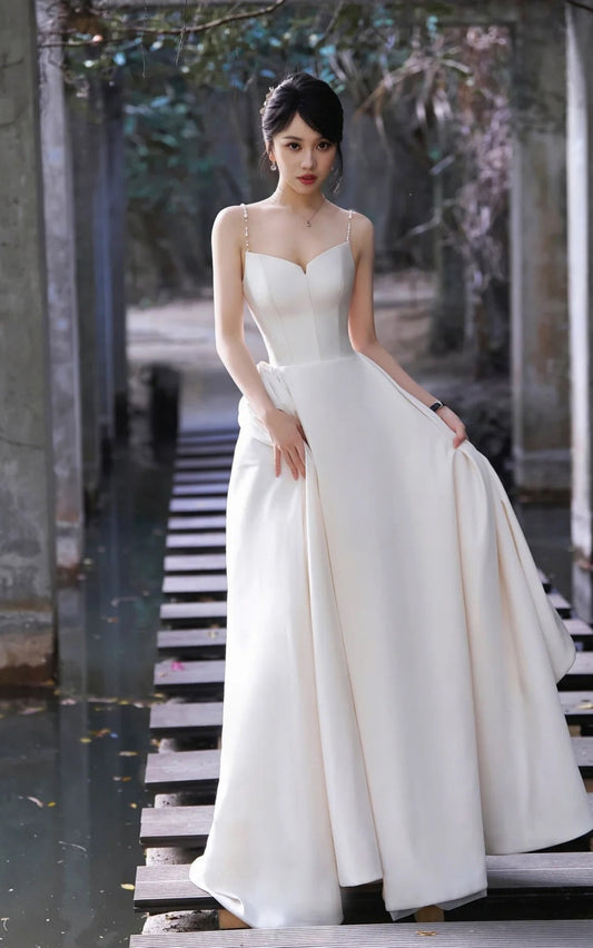 Timeless White Wedding Dress Satin Spaghetti Straps A-Line Bridal Gown Sleeveless Bridal Dresss