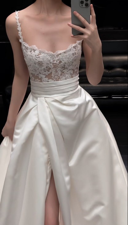 Eleagnt Long White Wedding Dress Spaghetti Straps A-Line Bridal Dress Satin Lace Sleeveless Bridal Gowns