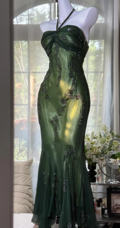 Vintage Halter  Mermaid Long Prom Dresses Chiffon Beaded Dark Green Long Formal Dresses EP04752