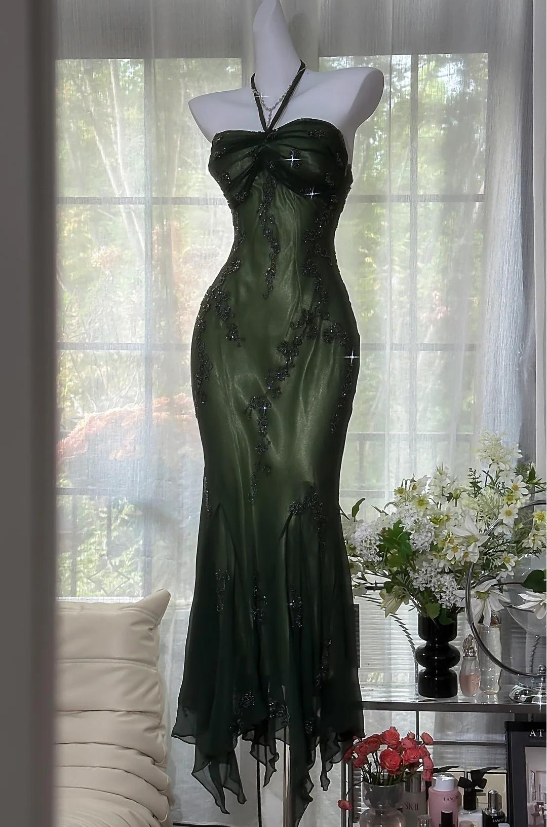 Vintage Halter  Mermaid Long Prom Dresses Chiffon Beaded Dark Green Long Formal Dresses EP04752