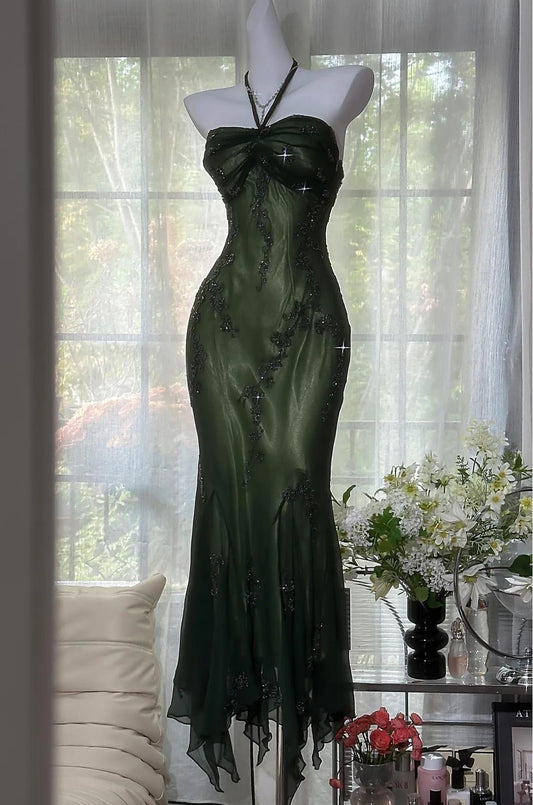 Vintage Halter  Mermaid Long Prom Dresses Chiffon Beaded Dark Green Long Formal Dresses EP04752