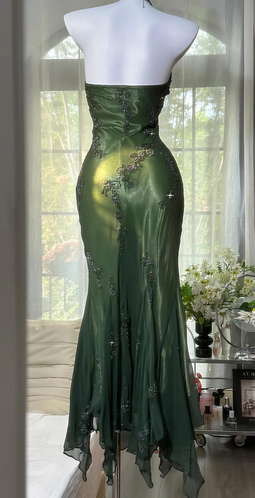 Vintage Halter  Mermaid Long Prom Dresses Chiffon Beaded Dark Green Long Formal Dresses EP04752