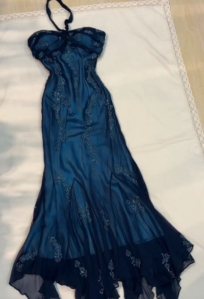 Vintage Halter  Mermaid Long Prom Dresses Chiffon Beaded Dark Green Long Formal Dresses EP04752
