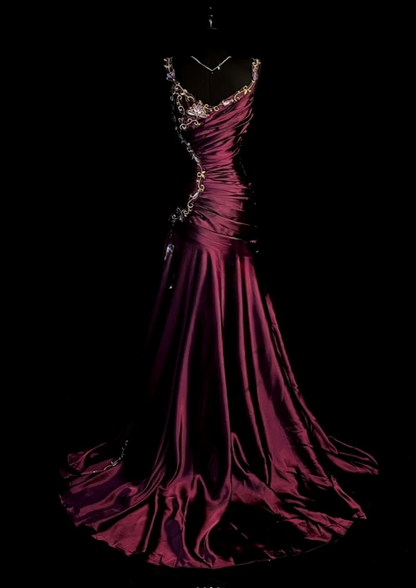 Chic Burgundy Formal Dresses, V-neck A-Line Long Prom Dresses, Embroidery Satin Sleeveless Evening Dresses EP06516