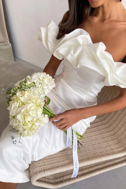 Puffy Cloud Off The Shoulder Tea Length Tight Elegant White Party Dresses Summer Homecoming Dresses After Party Wedding Dresses