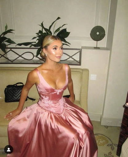 Elegant A Line V Neckline Floor-length Satin Long Pink Evening Dress Prom Dresses , LTP3638