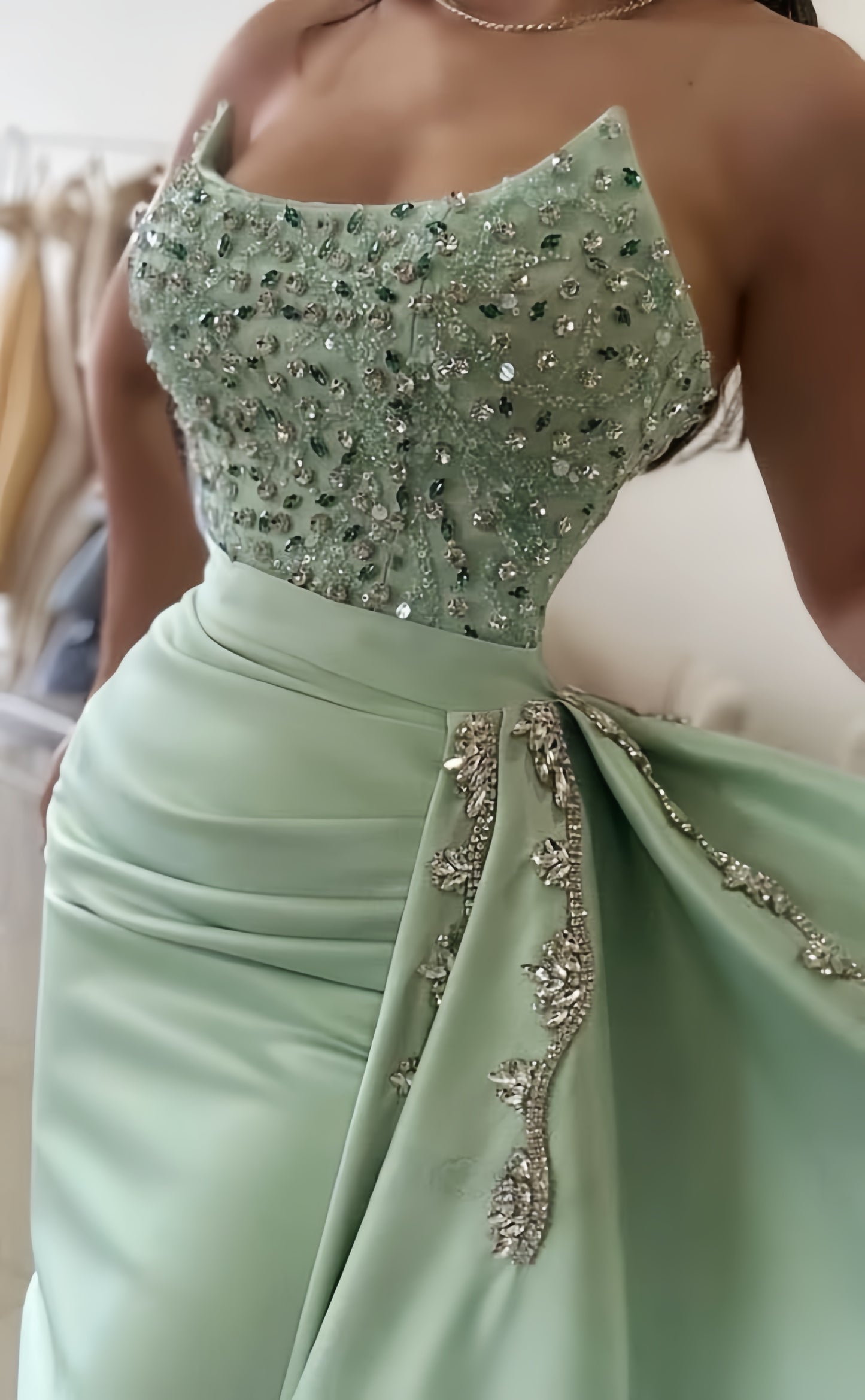 Elegant Beaded Mermaid Long Prom Dresses Strapless Evening Dress,LTP4034