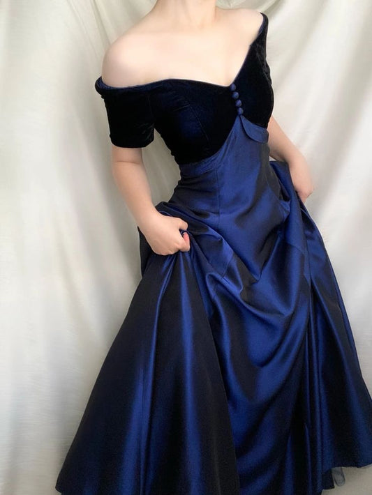 Elegant Black Blue A-line Prom Dresses Off The Shoulder Evening Formal Outfits,LTP4488