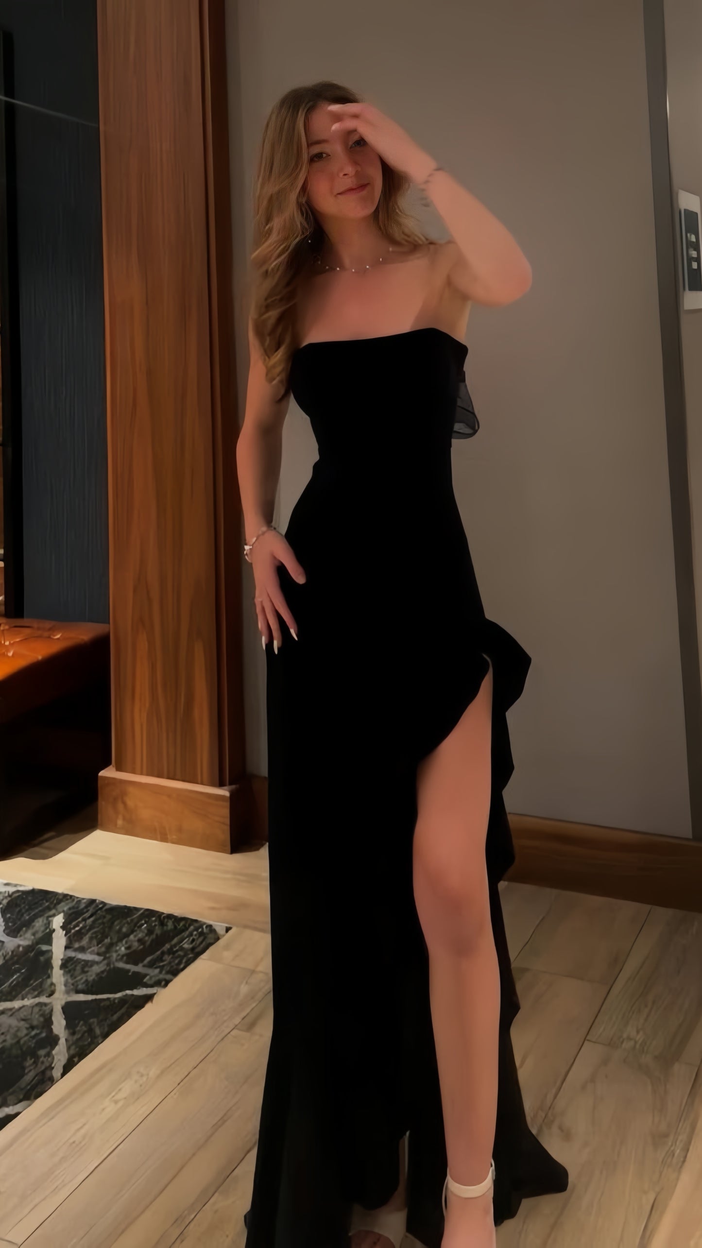 Elegant Black Strapless Prom Dress Long Evening Dress With Side Slit, LTP3514