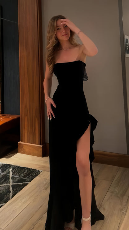 Elegant Black Strapless Prom Dress Long Evening Dress With Side Slit, LTP3514