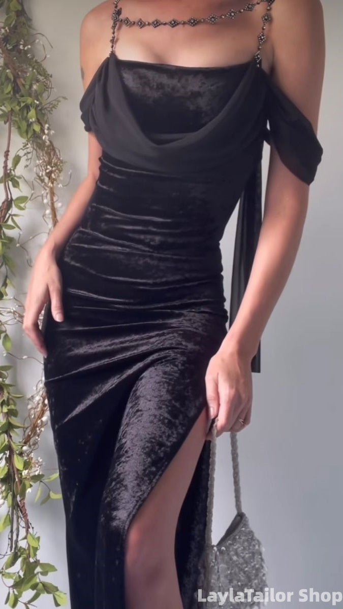 Elegant Black Velvet Chiffon Prom Dresses Long Homecoming Formal Dress