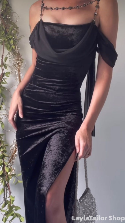 Elegant Black Velvet Chiffon Prom Dresses Long Homecoming Formal Dress