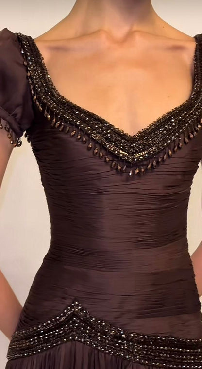 Elegant Brown Mermaid Chiffon Prom Dresses Beaded Evening Party Dress,LTP4201