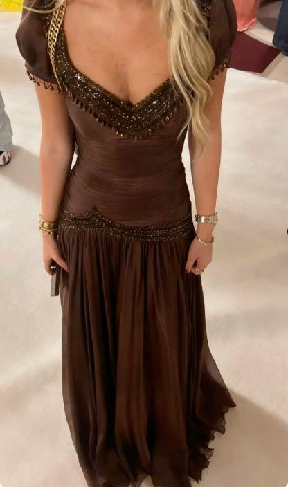 Elegant Brown Mermaid Chiffon Prom Dresses Beaded Evening Party Dress,LTP4201