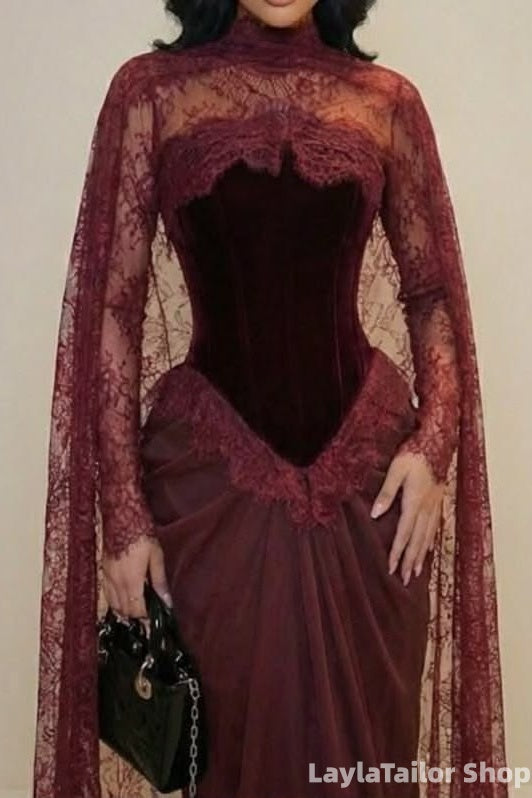 Elegant Burgundy Lace Corset Long Prom Dresses,LTP82786