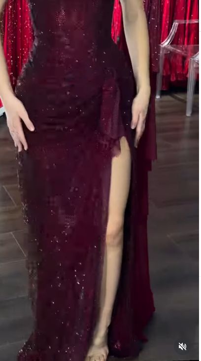 Elegant Burgundy Sheath Long Prom Dresses Glitter Tulle Off-shoulder Evening Dresses with Slits,LTP4310