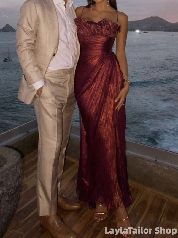 Elegant Burgundy Spaghetti Strap Sleeveless Mermaid Satin Long Evening Prom Dresses Online LTP82708