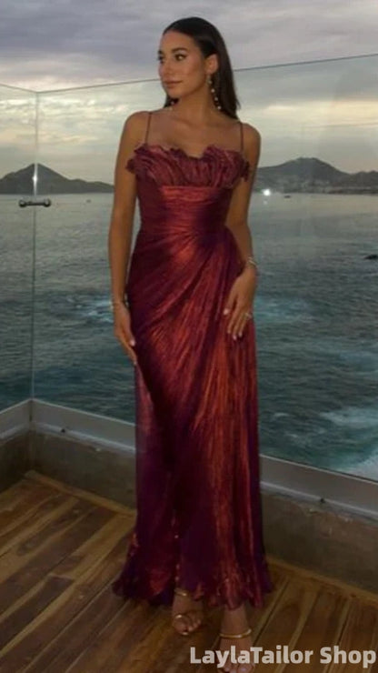 Elegant Burgundy Spaghetti Strap Sleeveless Mermaid Satin Long Evening Prom Dresses Online LTP82708