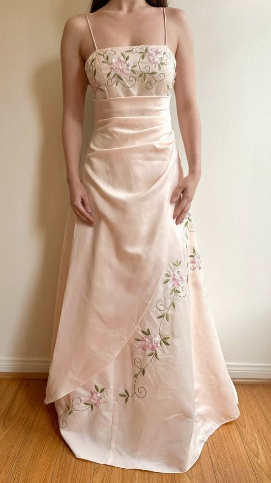 Elegant Champagne Floral Embroidery Long Prom Dresses School Event Dress,LTP3989