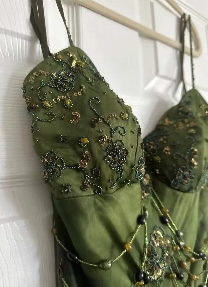 Elegant Dark Green Floral Chiffon Beaded Prom Dresses, LTP4602