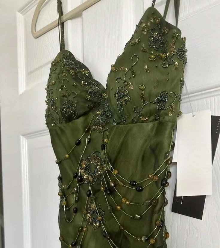 Elegant Dark Green Floral Chiffon Beaded Prom Dresses, LTP4602