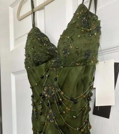 Elegant Dark Green Floral Chiffon Beaded Prom Dresses, LTP4602