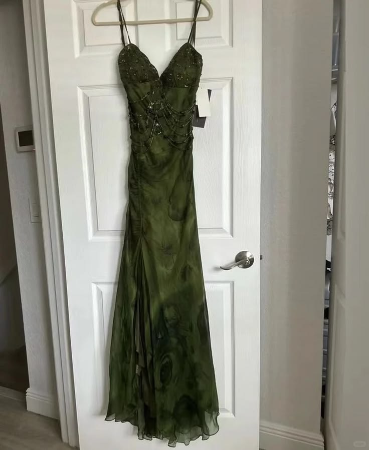 Elegant Dark Green Floral Chiffon Beaded Prom Dresses, LTP4602