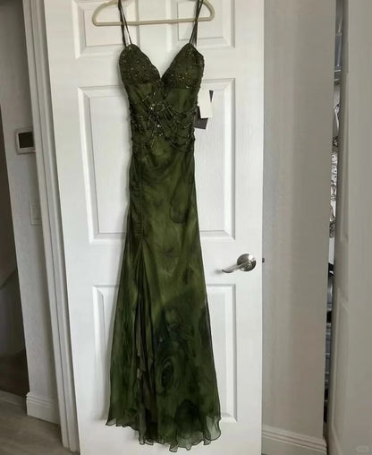 Elegant Dark Green Floral Chiffon Beaded Prom Dresses, LTP4602