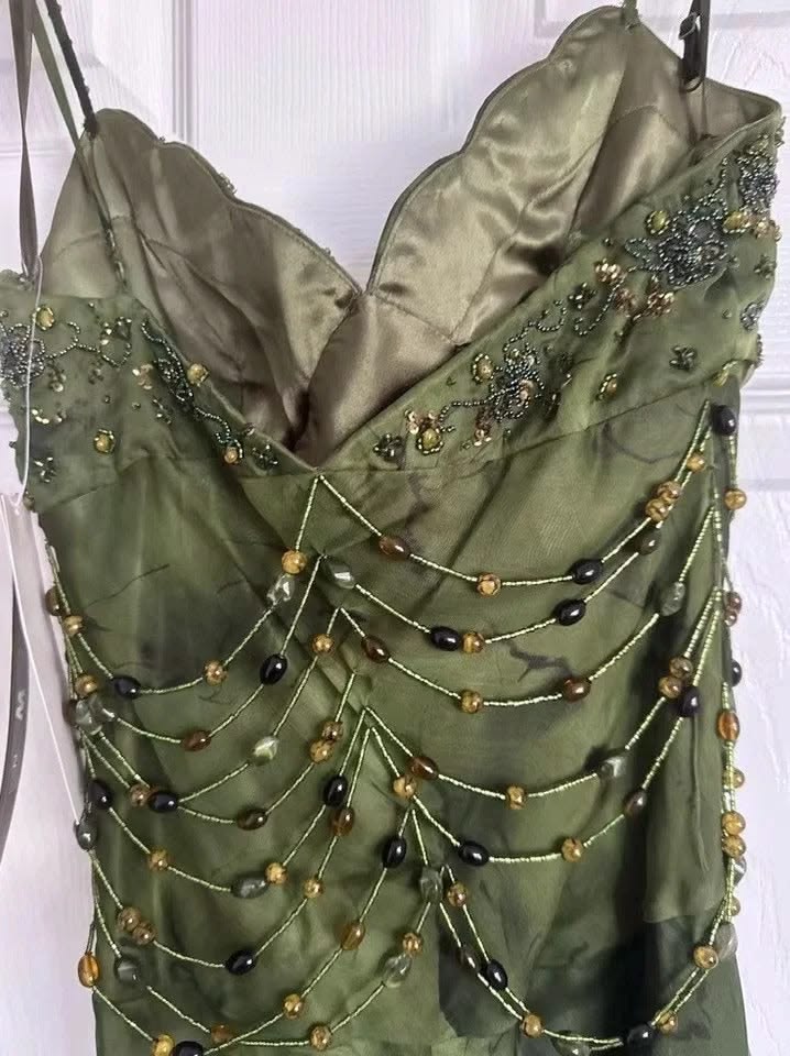 Elegant Dark Green Floral Chiffon Beaded Prom Dresses, LTP4602