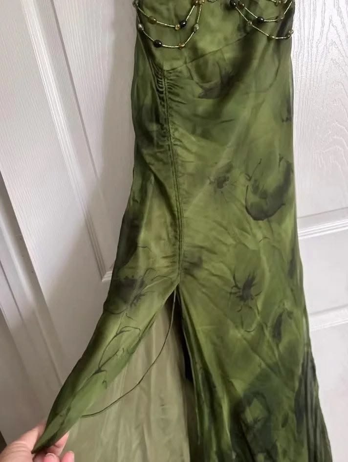 Elegant Dark Green Floral Chiffon Beaded Prom Dresses, LTP4602
