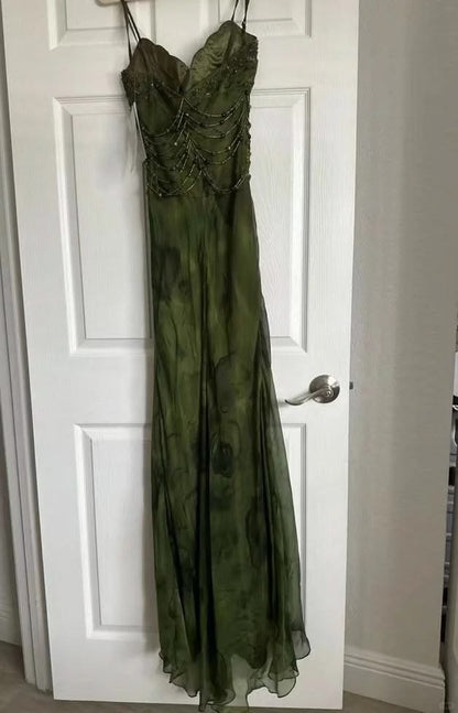Elegant Dark Green Floral Chiffon Beaded Prom Dresses, LTP4602