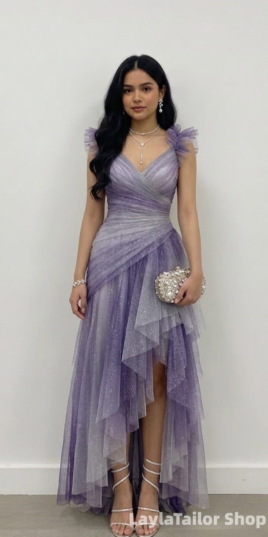 Sparkly Gradient Color Purple Tulle Prom Dress With Slit LTP82759