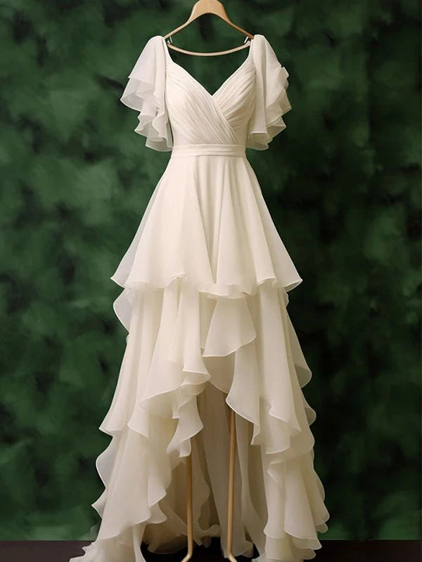 Elegant Ivory Chiffon Ruffles High Low A-line Tiered Wedding Dress, LTP82801