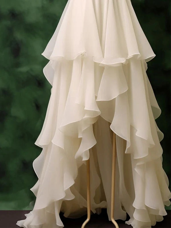 Elegant Ivory Chiffon Ruffles High Low A-line Tiered Wedding Dress, LTP82801