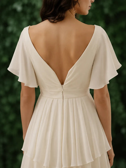 Elegant Ivory Chiffon Ruffles High Low A-line Tiered Wedding Dress, LTP82801