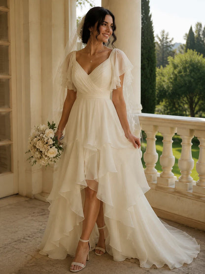 Elegant Ivory Chiffon Ruffles High Low A-line Tiered Wedding Dress, LTP82801