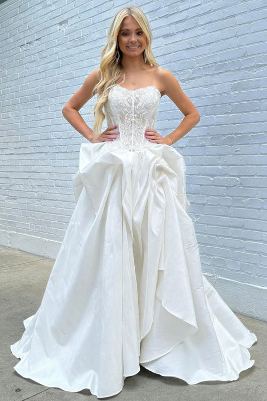 Elegant Ivory Strapless Appliques Senior Prom Dresses Ruffle Party Dress,LTP4439