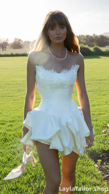 Elegant Ivory Strapless Lace Pearl Homecoming Dresses Mini Wedding Reception Dress LTP82618