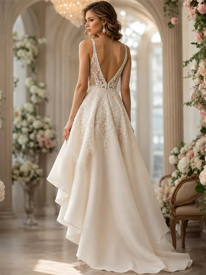 Elegant Ivory V-neck A-line High-Low Lace Wedding Dress, LTP82802
