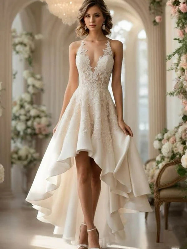 Elegant Ivory V-neck A-line High-Low Lace Wedding Dress, LTP82802