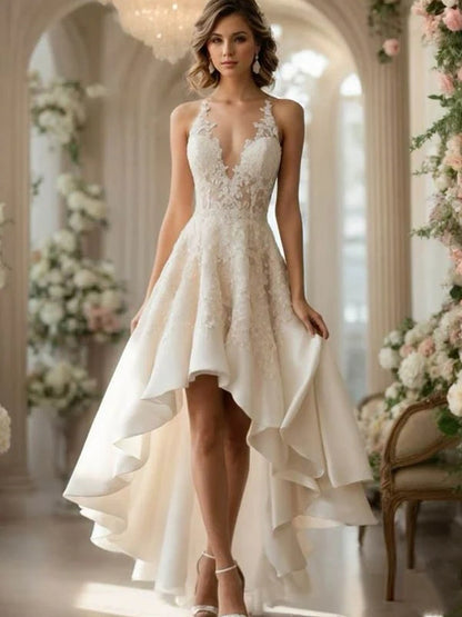 Elegant Ivory V-neck A-line High-Low Lace Wedding Dress, LTP82802