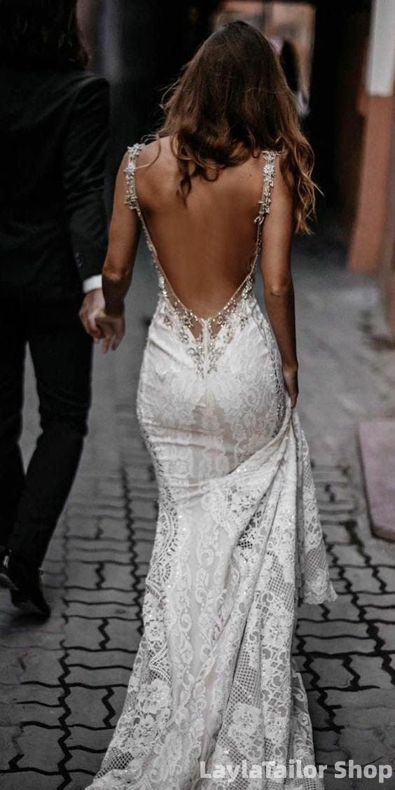 Elegant Lace Beach Wedding Dresses Backless Mermaid Bridal Gown,LTP82790