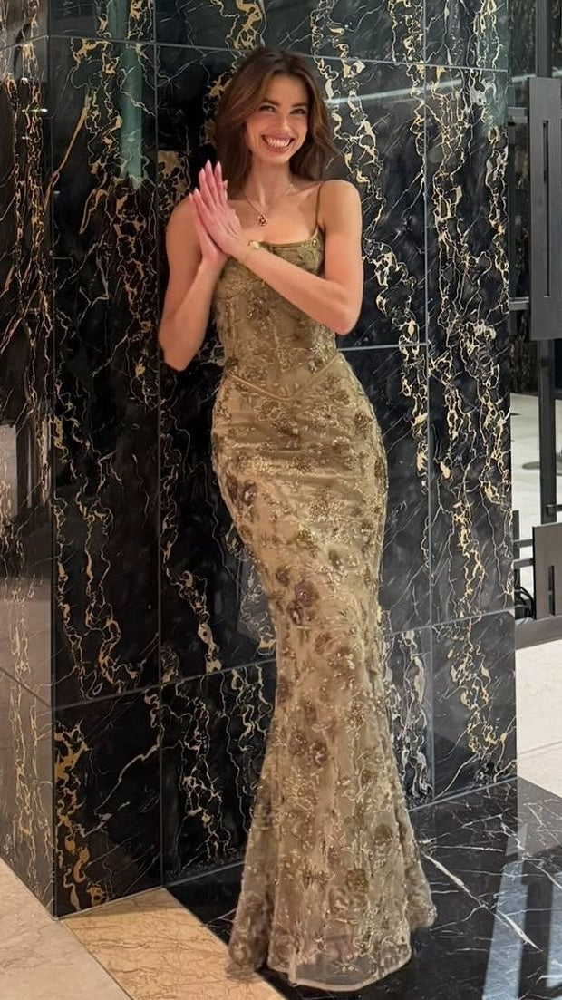 Elegant Lace Mermaid Prom Dresses Spaghetti Straps Evening Party Dress,LTP4316