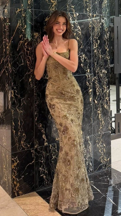 Elegant Lace Mermaid Prom Dresses Spaghetti Straps Evening Party Dress,LTP4316