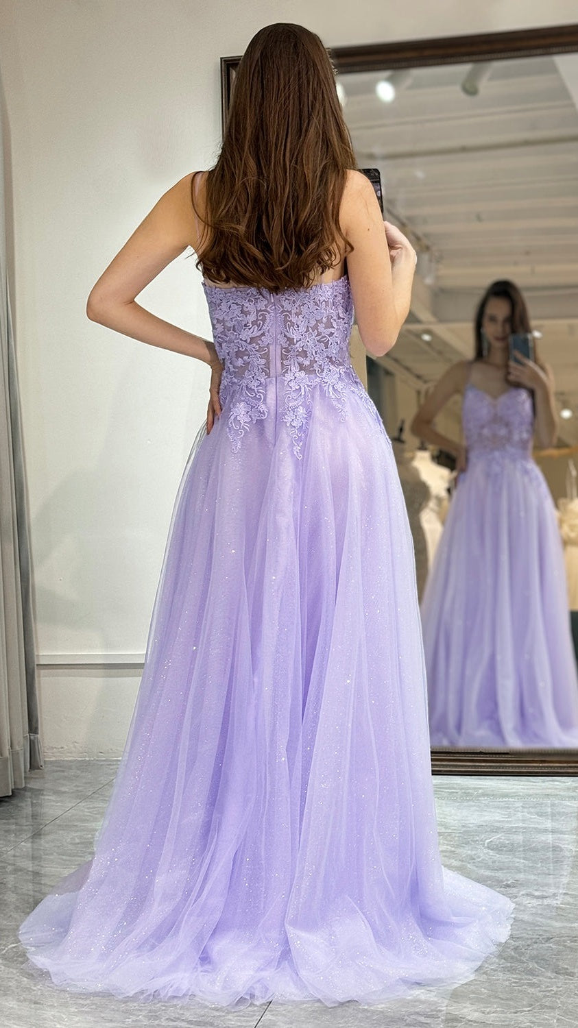 Elegant Lilac A-line Tulle Prom Dresses Appliques Evening Party Dress,LTP4115