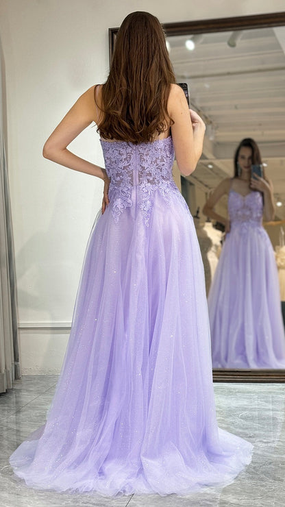 Elegant Lilac A-line Tulle Prom Dresses Appliques Evening Party Dress,LTP4115