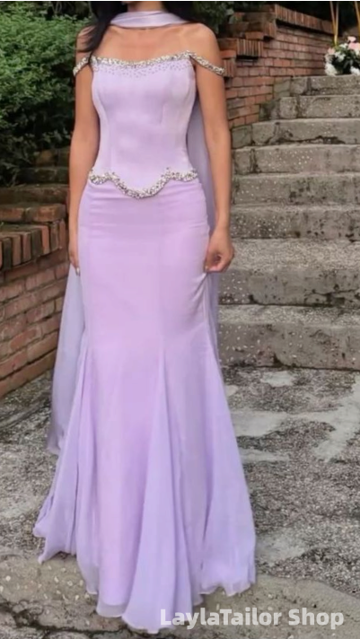 Elegant Lilac Sheath Mermaid Chiffon Party Dress With Neck Scarf LTP82592