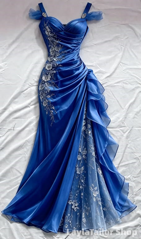 Elegant Mermaid Floral Lace Ruffle Prom Formal Dresses