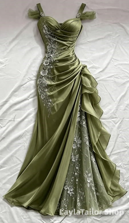 Elegant Mermaid Floral Lace Ruffle Prom Formal Dresses