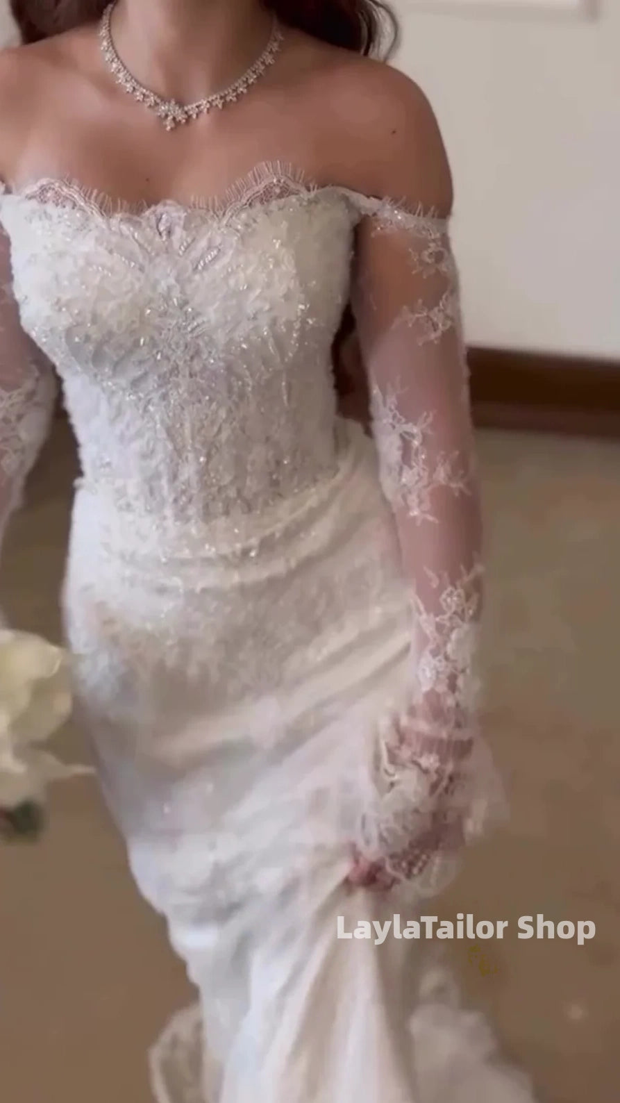 Elegant Mermaid Lace Wedding Dresses Beaded Long Sleeves Bridal Gown,LTP3647